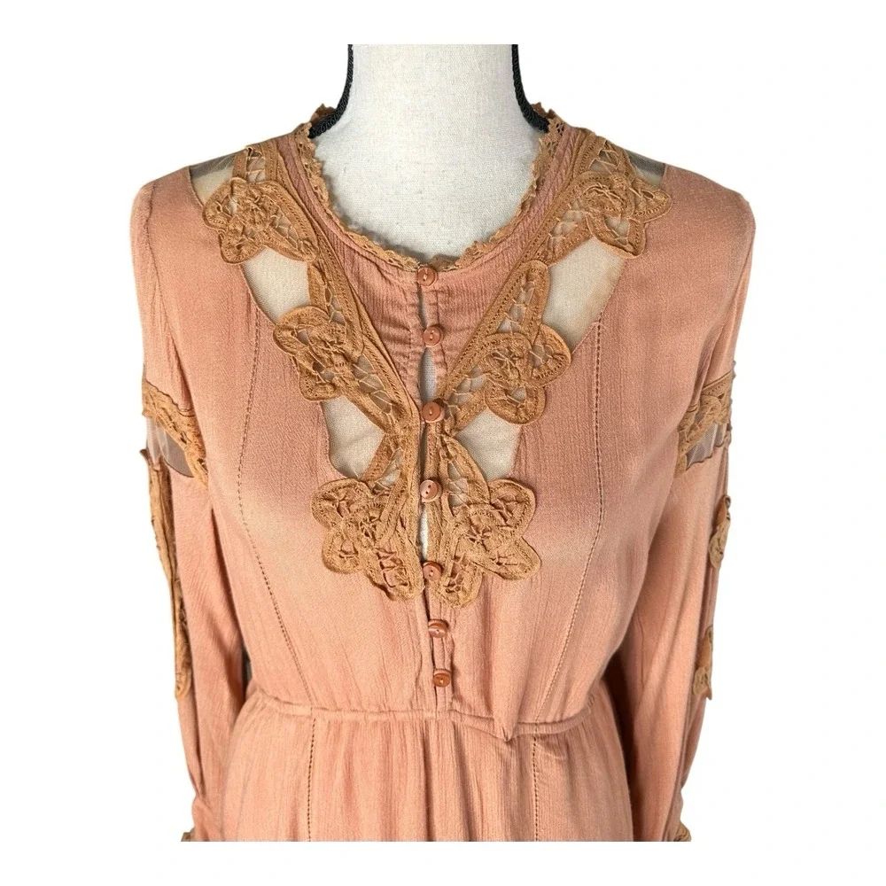 Free People Paige Mini Dress Flowy‎ Crochet Lace Coral Sands Floral S